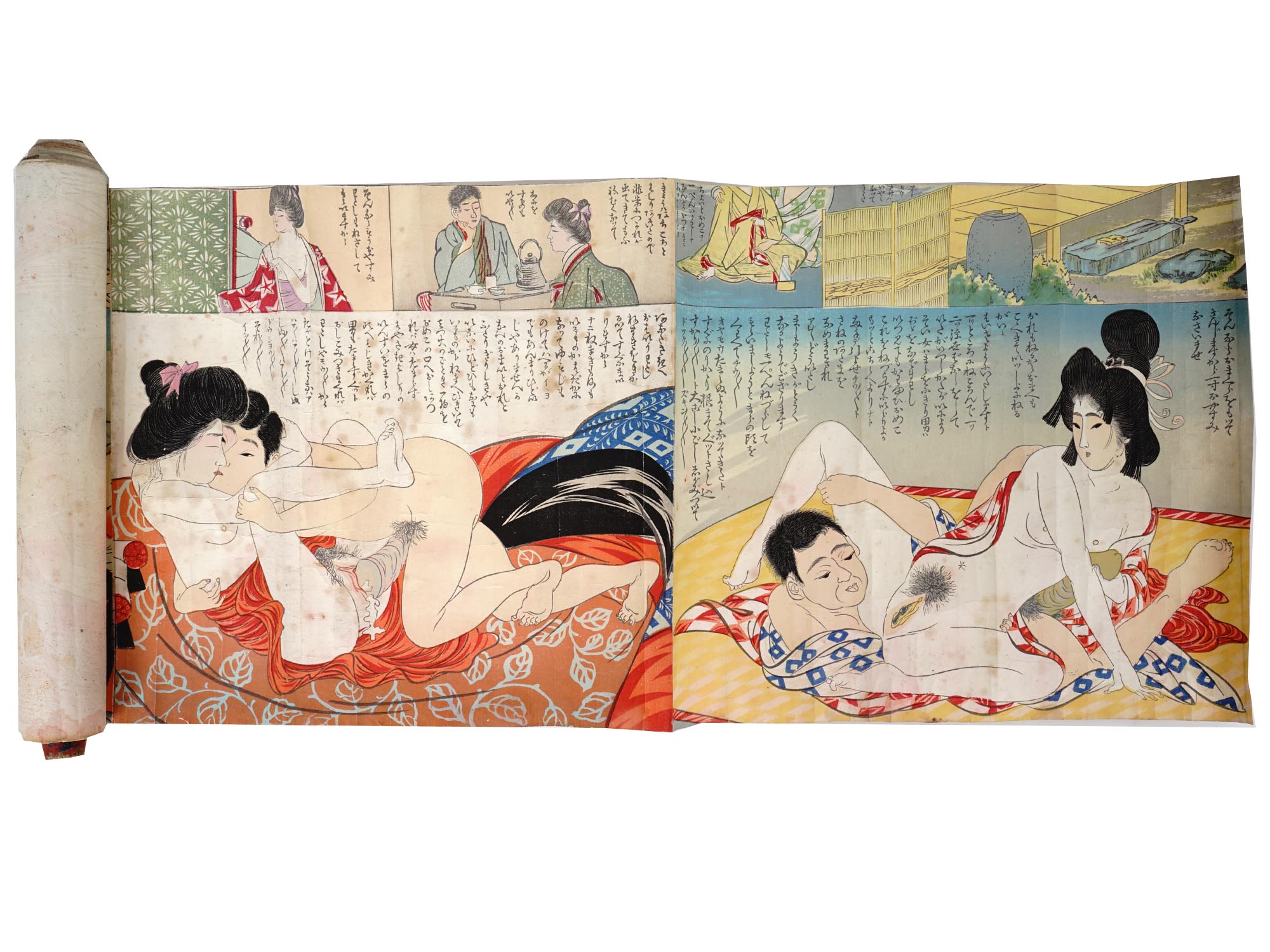 ANTIQUE JAPANESE SHUNGA INK COLOR PAINTING SCROLL PIC-1